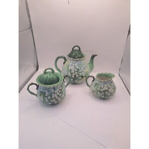 Vintage Handpainted Porcelain Teapot Cream Sugar Set With White Lillies Gold GUC